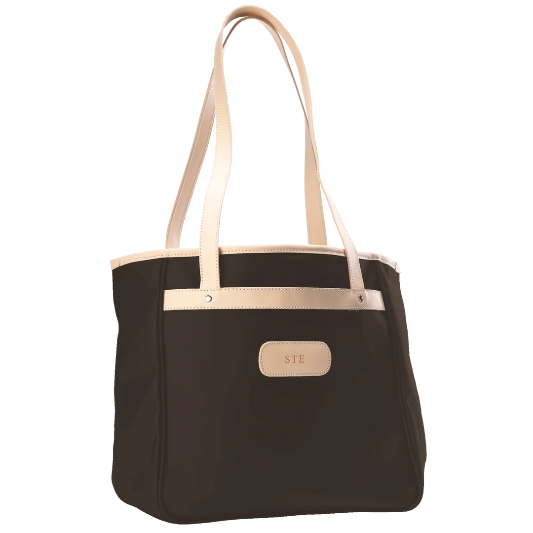 Jon Hart Amelia Tote in espresso coated canvas with natural leather trim, padded laptop sleeve, trolley sleeve, and spacious interior pockets