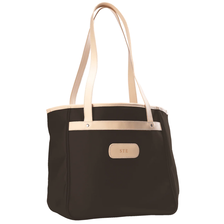 Jon Hart Amelia Tote in espresso coated canvas with natural leather trim, padded laptop sleeve, trolley sleeve, and spacious interior pockets
