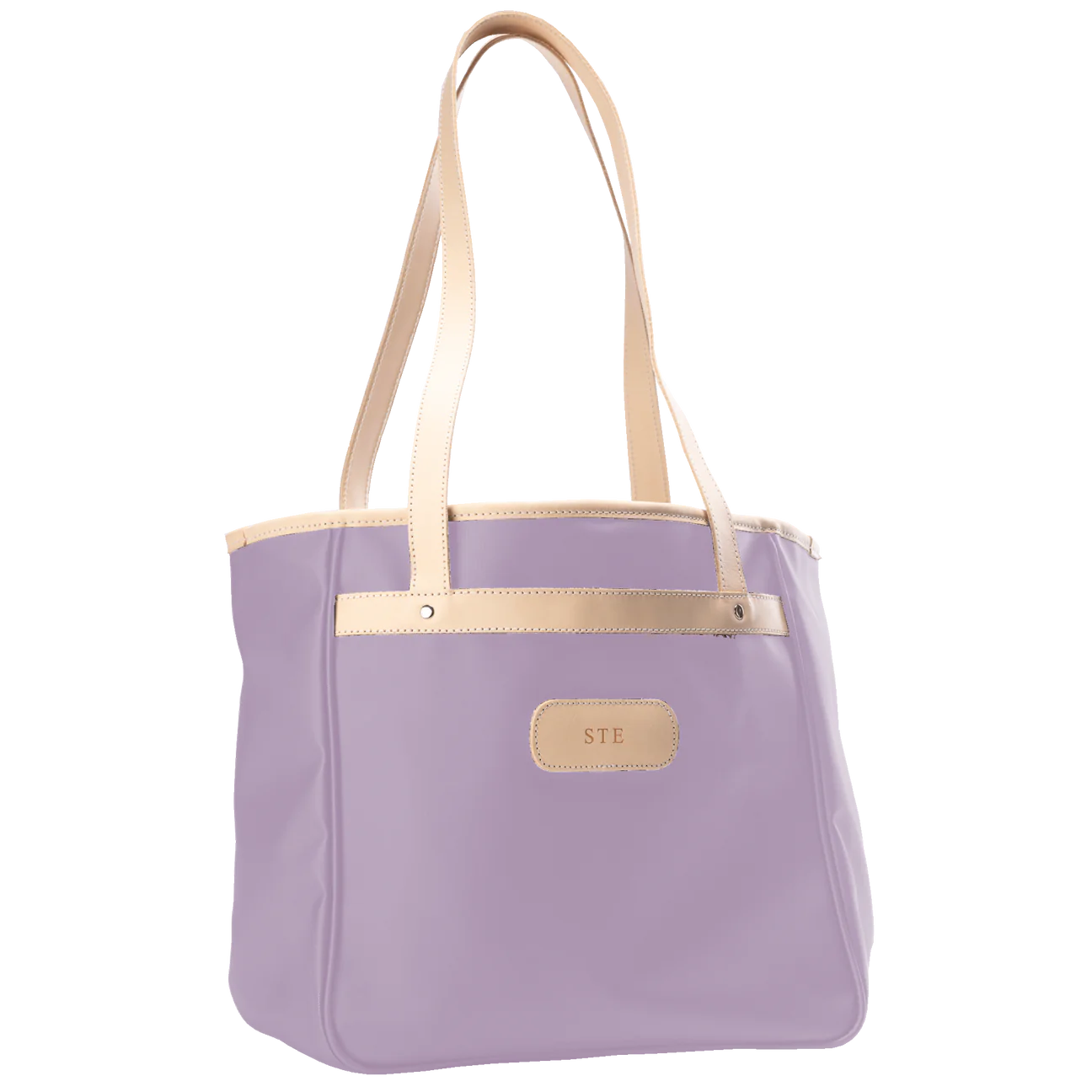 Jon Hart Amelia Tote in lilac coated canvas with natural leather trim, padded laptop sleeve, trolley sleeve, and spacious interior pockets
