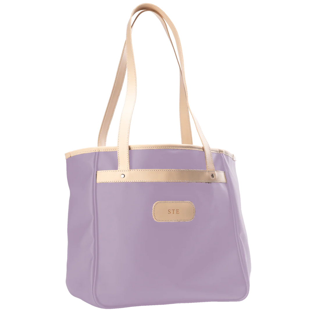 Jon Hart Amelia Tote in lilac coated canvas with natural leather trim, padded laptop sleeve, trolley sleeve, and spacious interior pockets