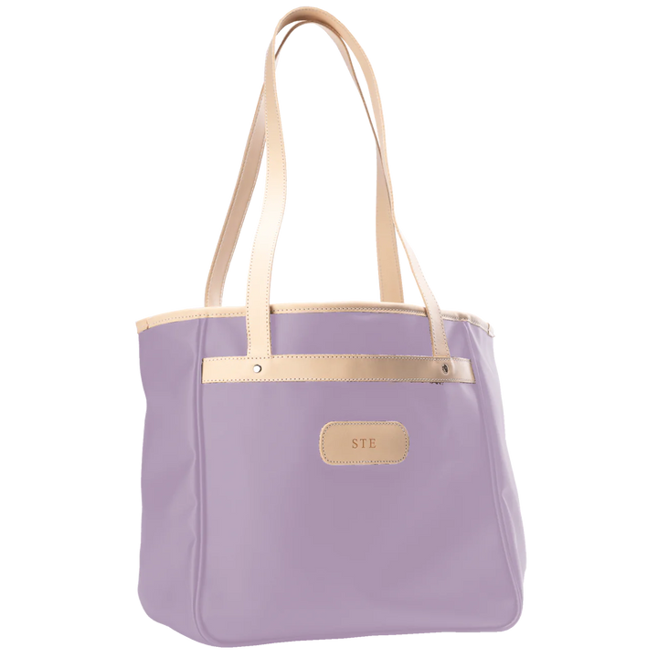Jon Hart Amelia Tote in lilac coated canvas with natural leather trim, padded laptop sleeve, trolley sleeve, and spacious interior pockets