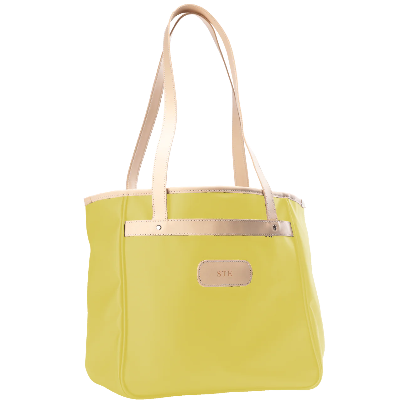Jon Hart Amelia Tote in lemon coated canvas with natural leather trim, padded laptop sleeve, trolley sleeve, and spacious interior pockets