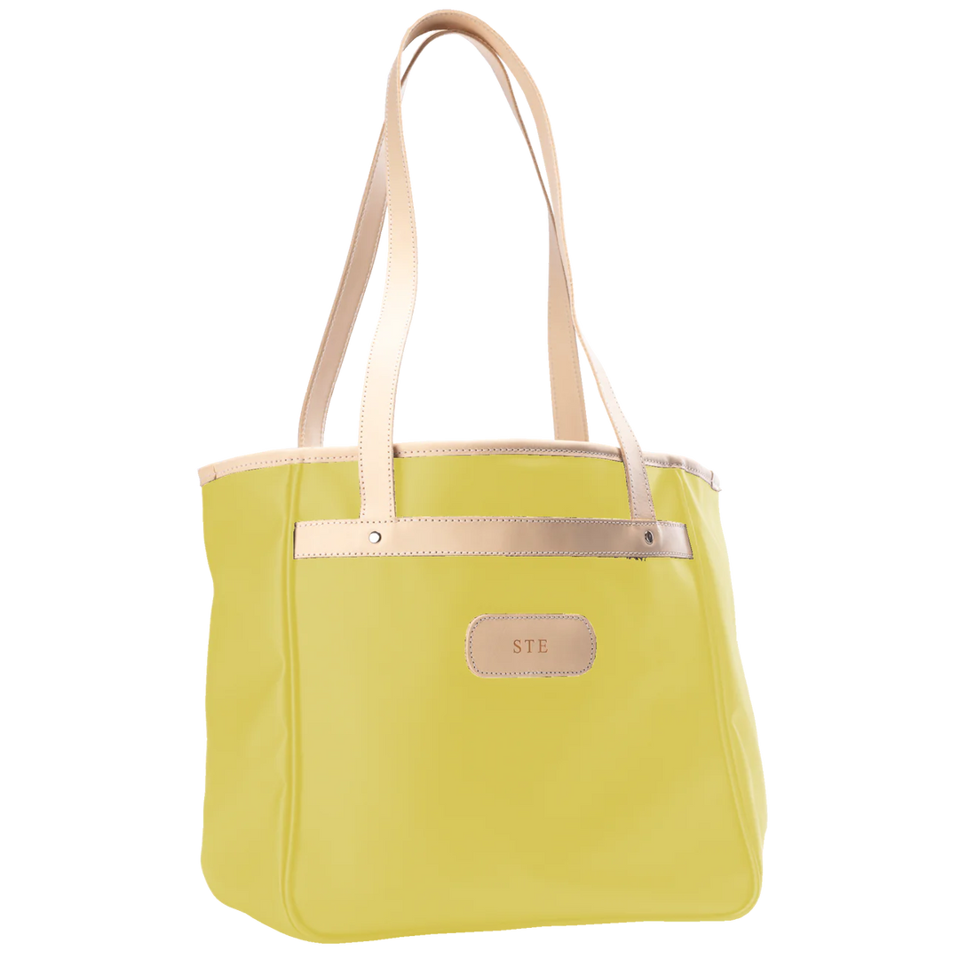 Jon Hart Amelia Tote in lemon coated canvas with natural leather trim, padded laptop sleeve, trolley sleeve, and spacious interior pockets