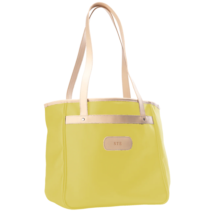 Jon Hart Amelia Tote in lemon coated canvas with natural leather trim, padded laptop sleeve, trolley sleeve, and spacious interior pockets