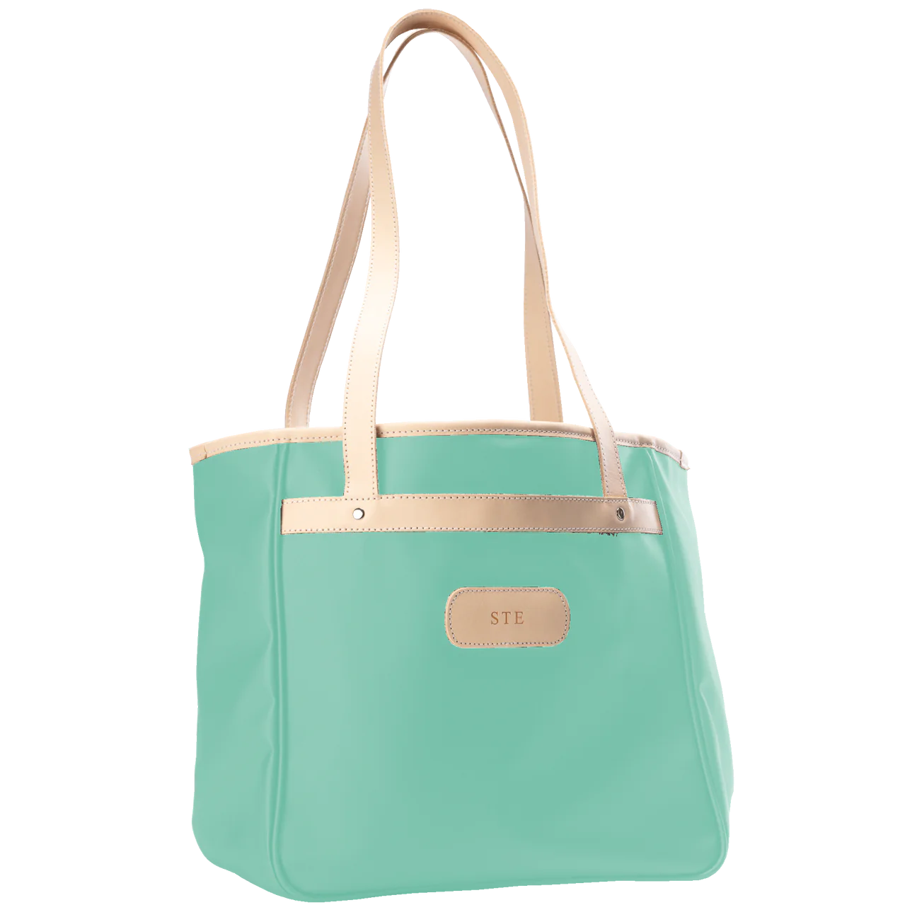 Jon Hart Amelia Tote in ocean blue coated canvas with natural leather trim, padded laptop sleeve, trolley sleeve, and spacious interior pockets