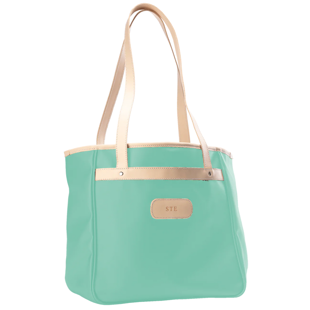 Jon Hart Amelia Tote in ocean blue coated canvas with natural leather trim, padded laptop sleeve, trolley sleeve, and spacious interior pockets