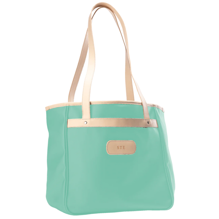Jon Hart Amelia Tote in ocean blue coated canvas with natural leather trim, padded laptop sleeve, trolley sleeve, and spacious interior pockets