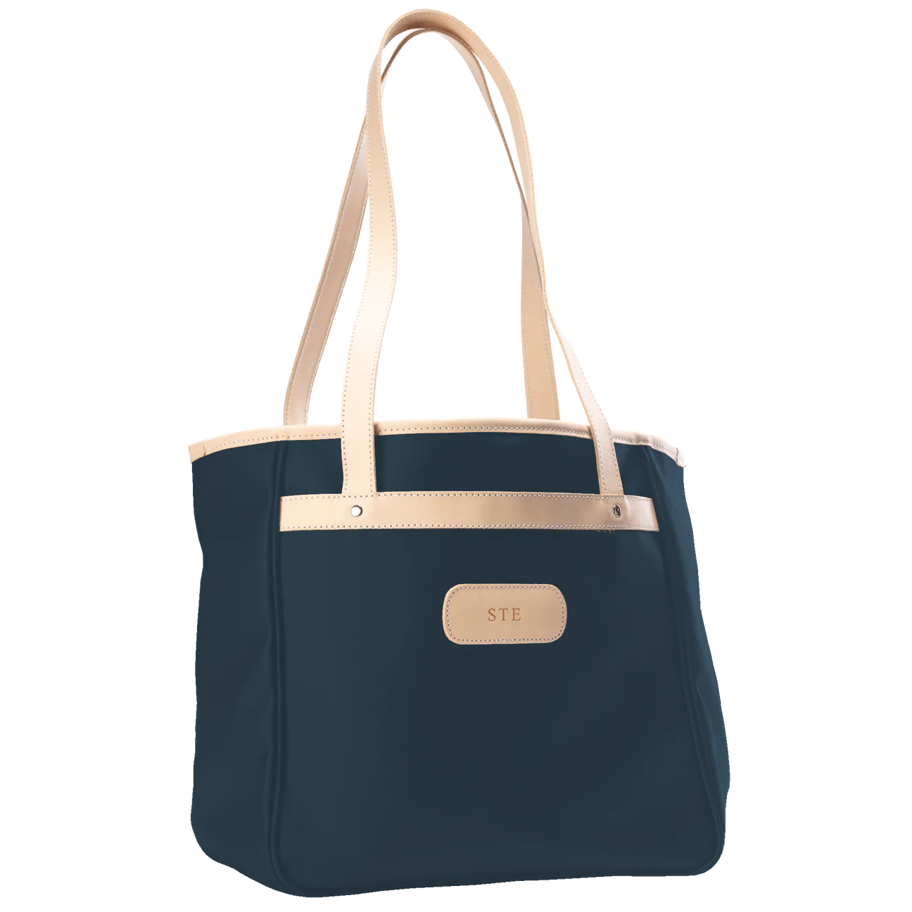 Jon Hart Amelia Tote in french blue coated canvas with natural leather trim, padded laptop sleeve, trolley sleeve, and spacious interior pockets