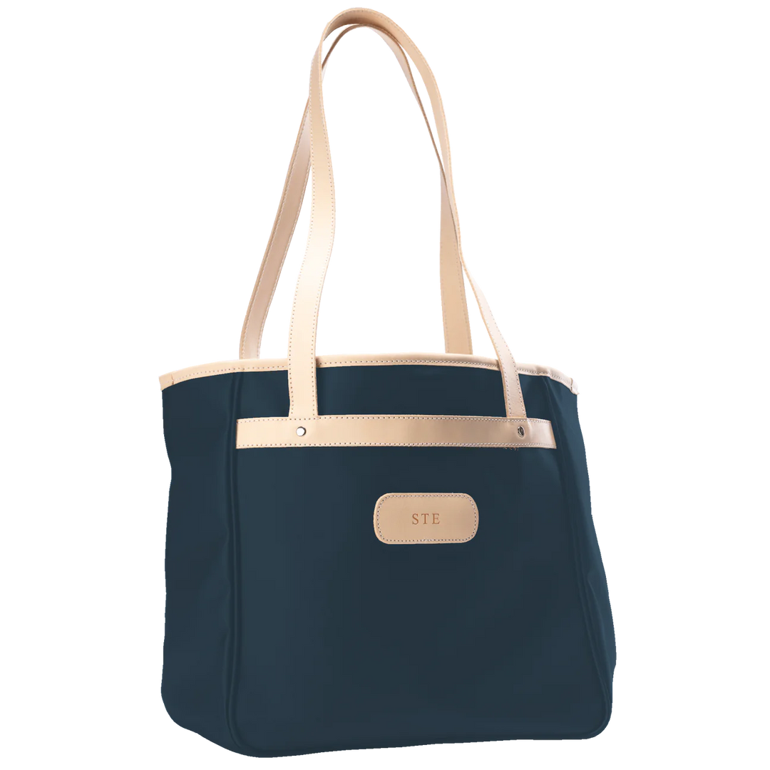 Jon Hart Amelia Tote in french blue coated canvas with natural leather trim, padded laptop sleeve, trolley sleeve, and spacious interior pockets