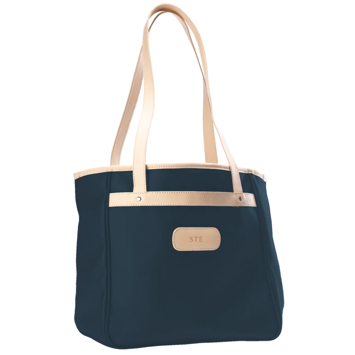 Jon Hart Amelia Tote in french blue coated canvas with natural leather trim, padded laptop sleeve, trolley sleeve, and spacious interior pockets