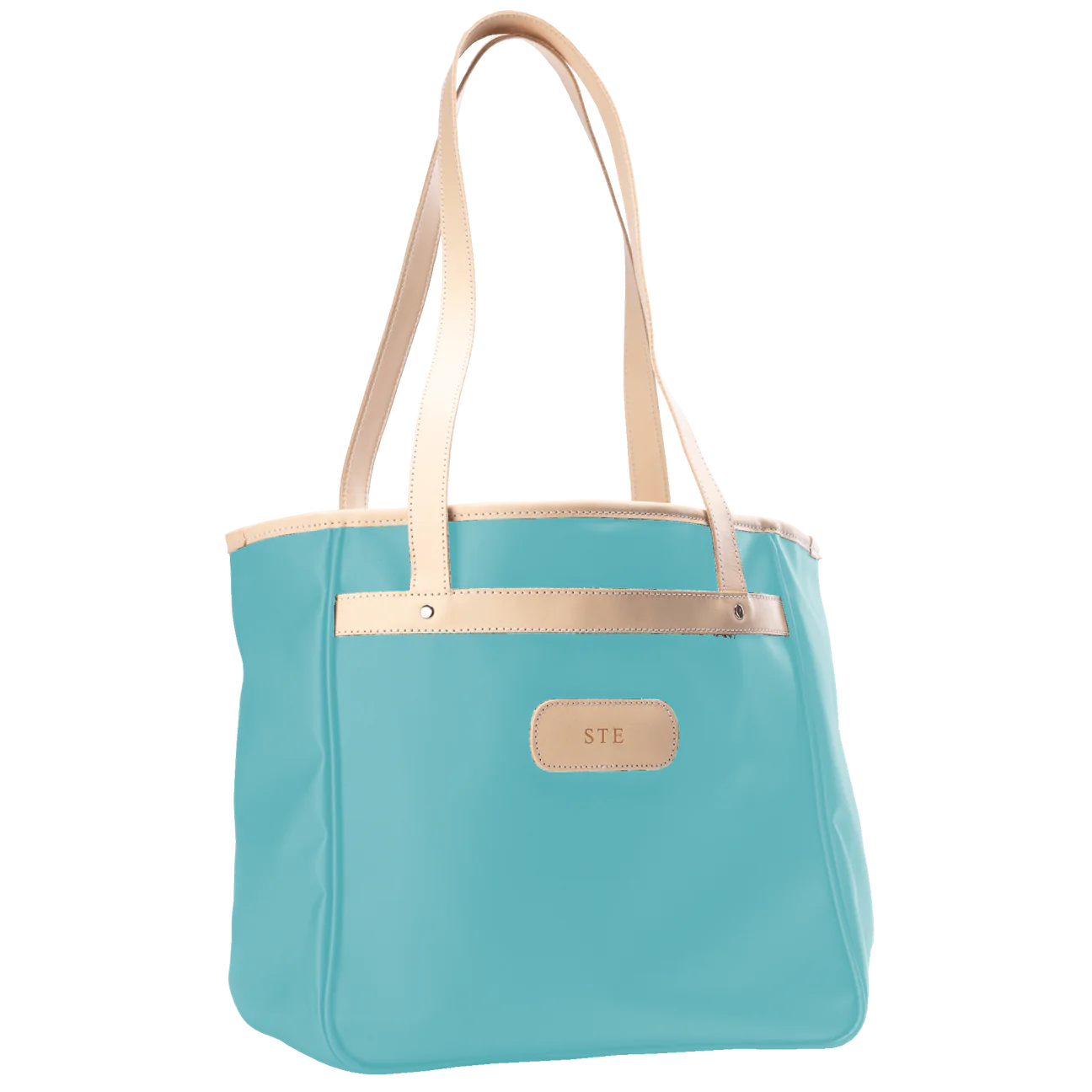 Jon Hart Amelia Tote in ice blue coated canvas with natural leather trim, padded laptop sleeve, trolley sleeve, and spacious interior pockets