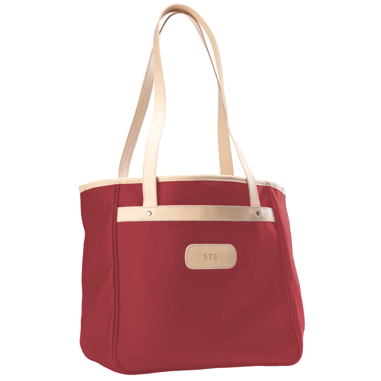 Jon Hart Amelia Tote in red coated canvas with natural leather trim, padded laptop sleeve, trolley sleeve, and spacious interior pockets