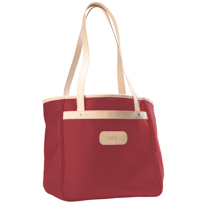 Jon Hart Amelia Tote in red coated canvas with natural leather trim, padded laptop sleeve, trolley sleeve, and spacious interior pockets