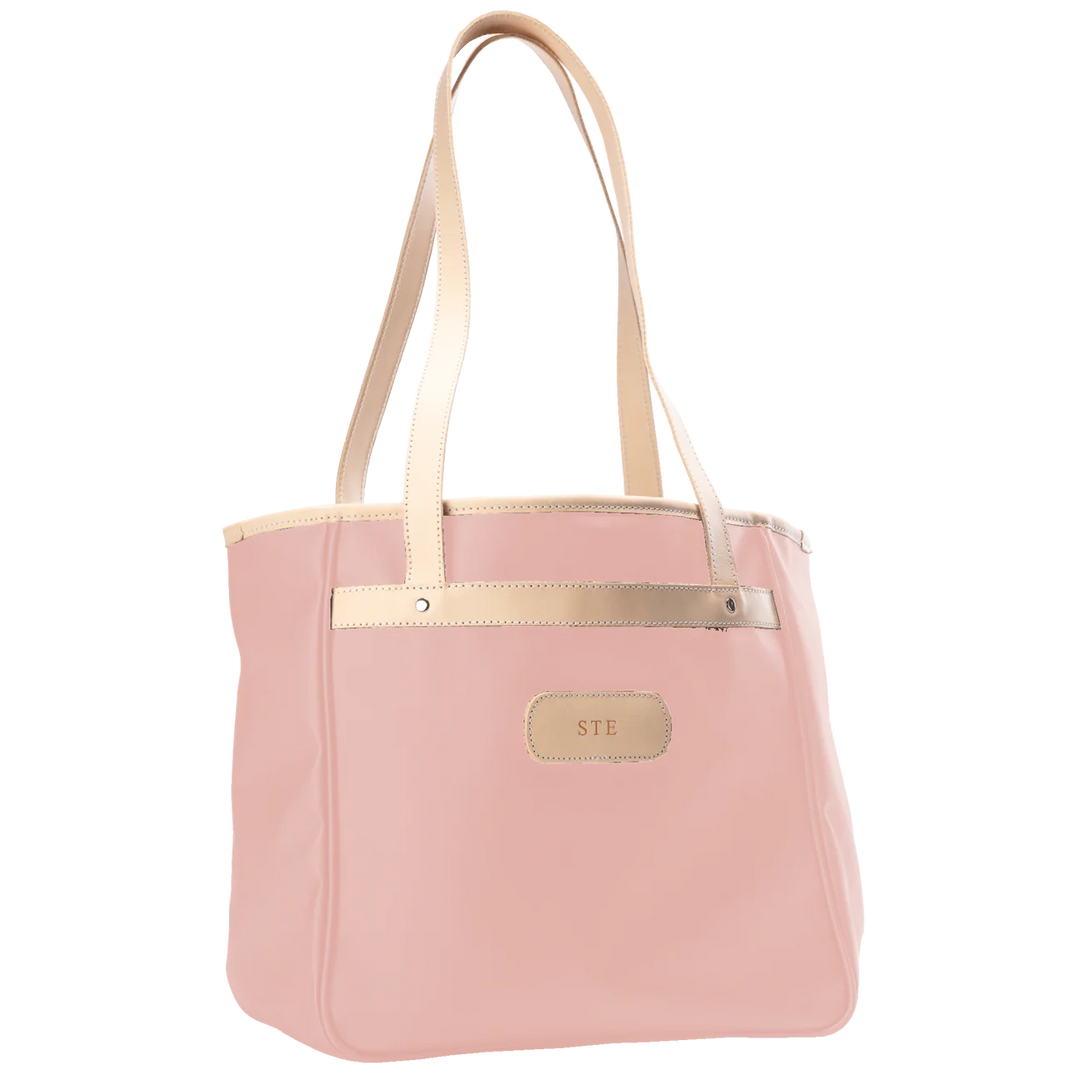 Jon Hart Amelia Tote in rose coated canvas with natural leather trim, padded laptop sleeve, trolley sleeve, and spacious interior pockets.