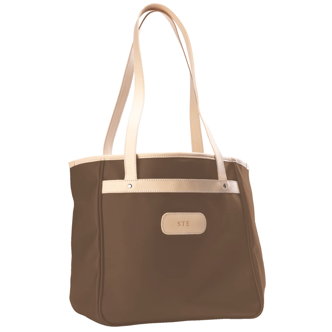 Alamo Heights Tote in saddle coated canvas with natural leather trim and black lining.