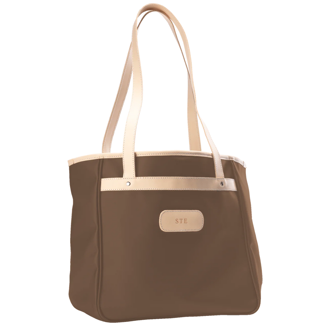 Alamo Heights Tote in saddle coated canvas with natural leather trim and black lining.