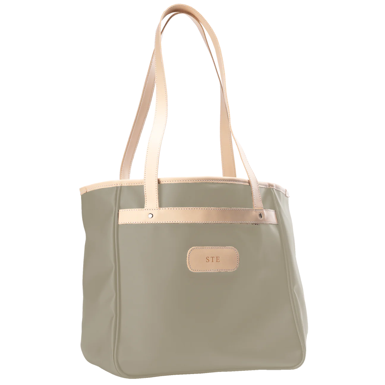 Alamo Heights Tote in tan coated canvas with natural leather trim and black lining.