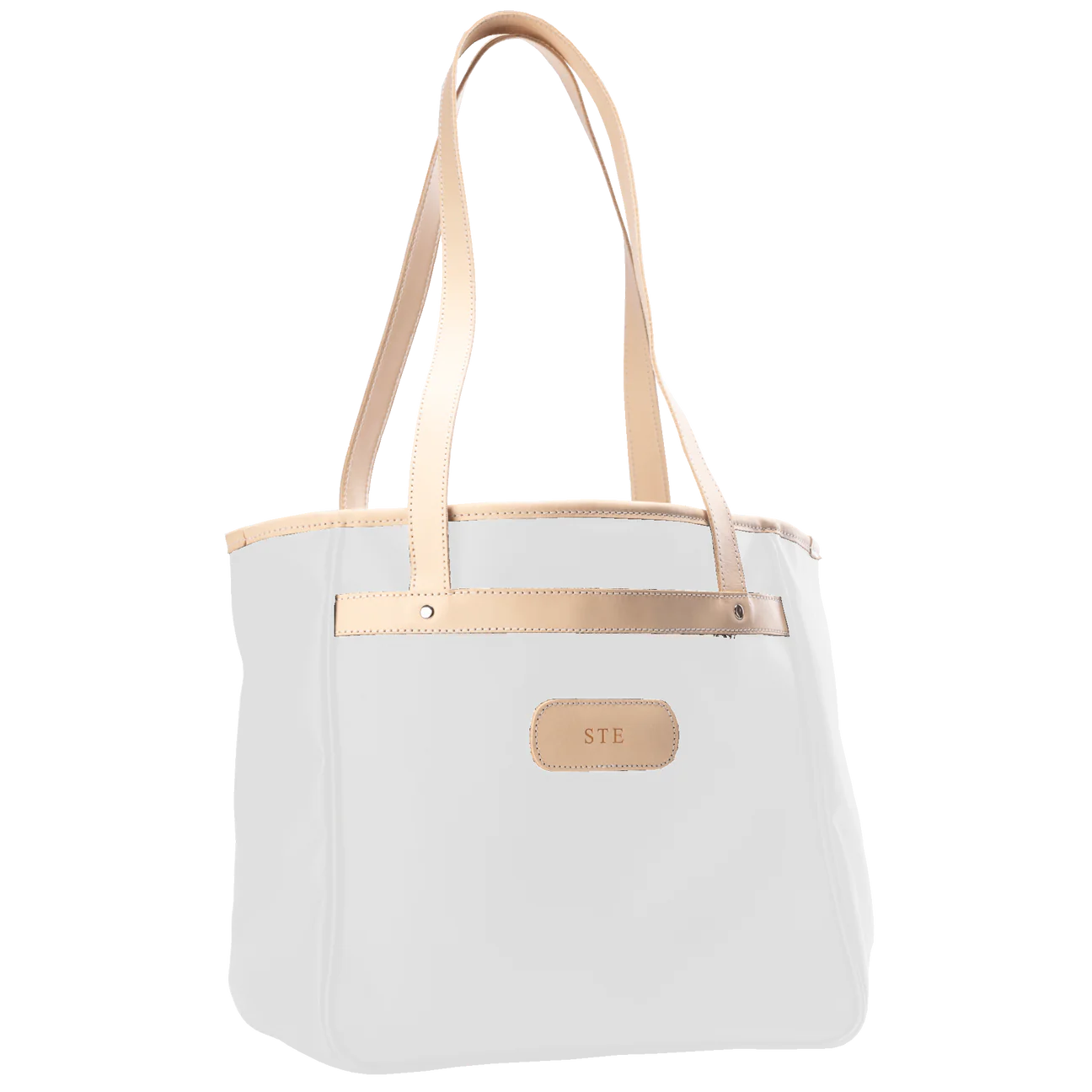 Alamo Heights Tote in white coated canvas with natural leather trim and black lining.