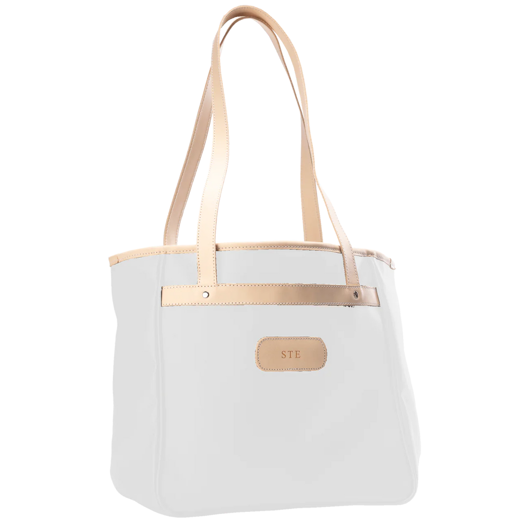 Alamo Heights Tote in white coated canvas with natural leather trim and black lining.