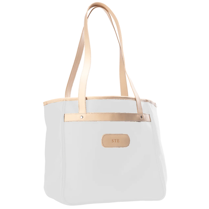Alamo Heights Tote in white coated canvas with natural leather trim and black lining.