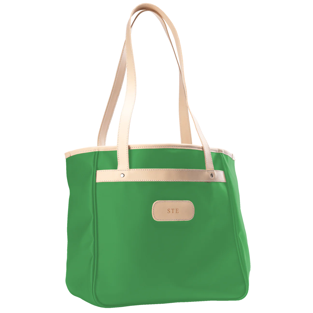 Alamo Heights Tote in kelly green coated canvas with natural leather trim and black lining.