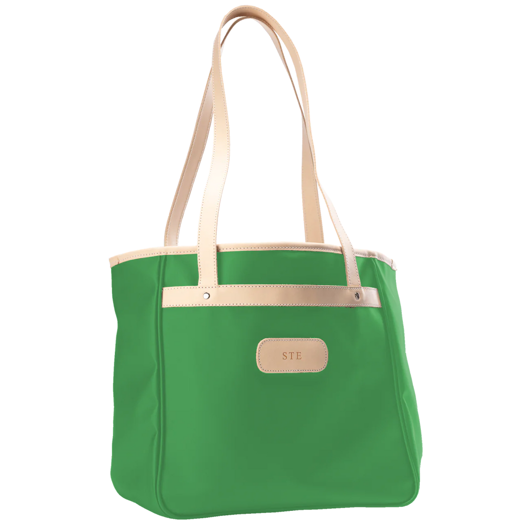 Alamo Heights Tote in kelly green coated canvas with natural leather trim and black lining.