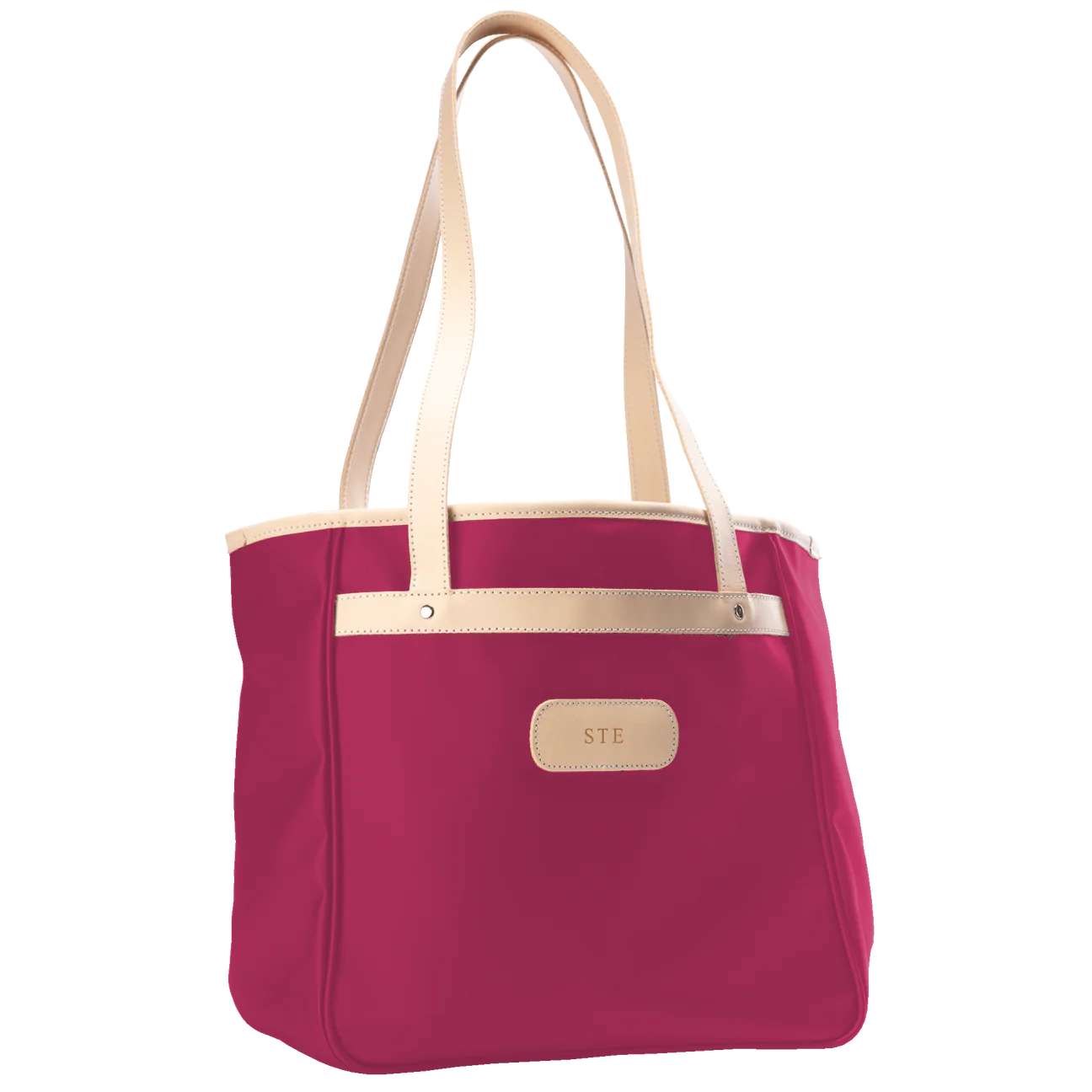 Alamo Heights Tote in berry coated canvas with natural leather trim and black lining.