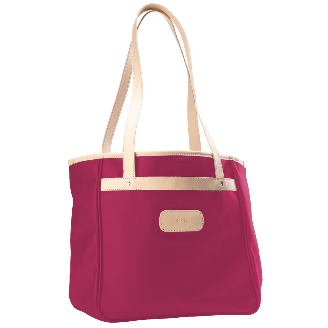 Alamo Heights Tote in berry coated canvas with natural leather trim and black lining.