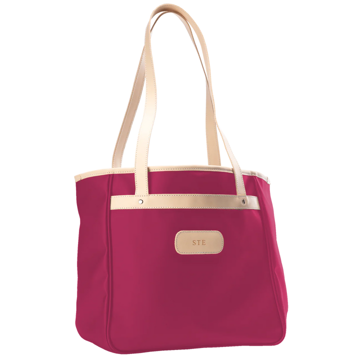 Alamo Heights Tote in berry coated canvas with natural leather trim and black lining.