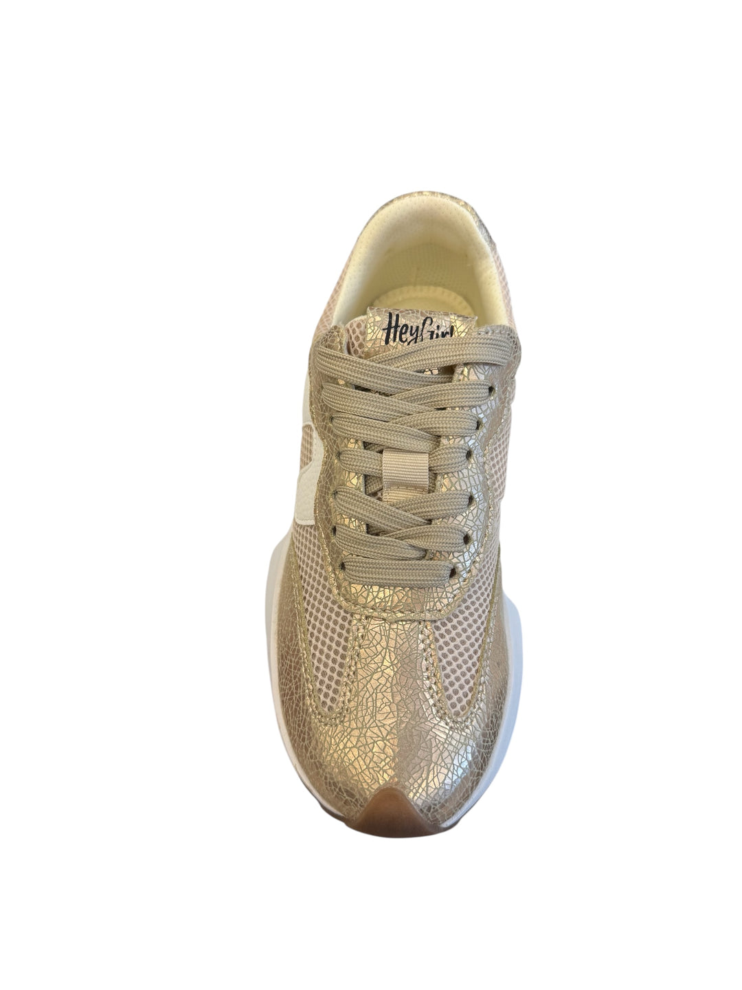 Gold cracked metallic sneakers with leather upper, lace-up front, and cushioned sole