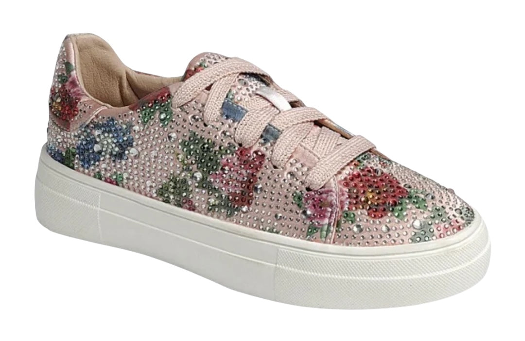 rhinestone floral tie sneakers in blush pink color