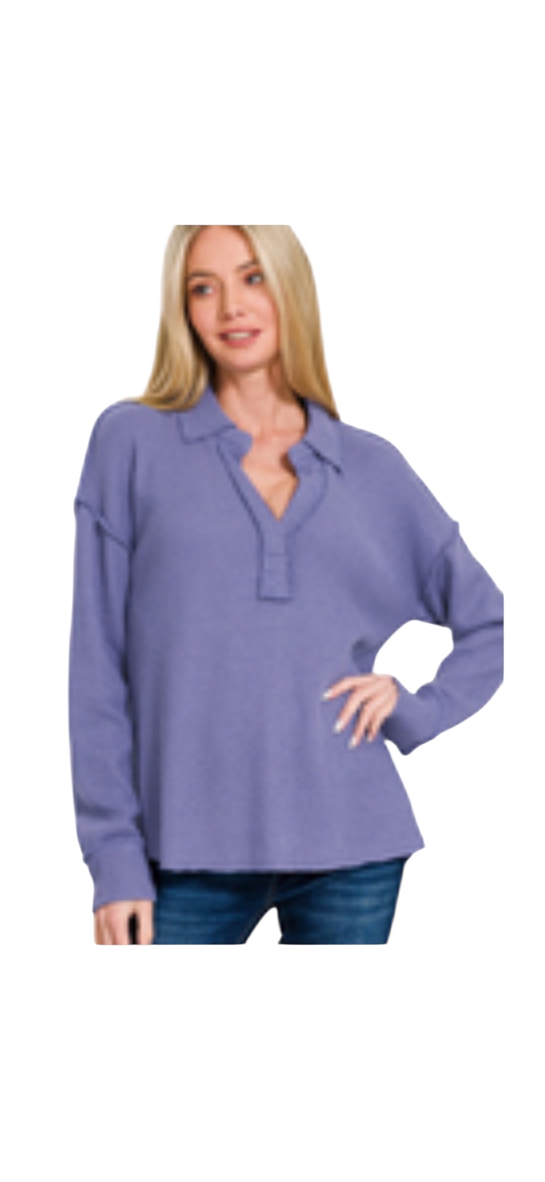 Marlin blue v-neck collared pullover top with raw seams