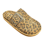 Leopard print studdded slipper with decorative buckle 