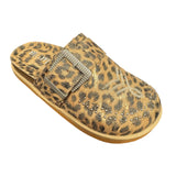 Leopard print studdded slipper with decorative buckle 
