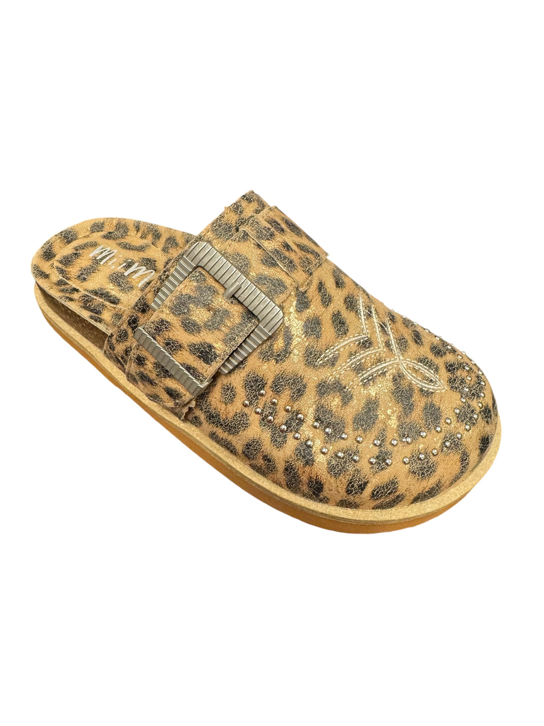 Leopard print studdded slipper with decorative buckle 