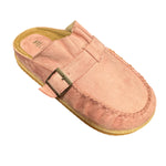 Pink slip-on shoe with a buckle and pleated ruffle