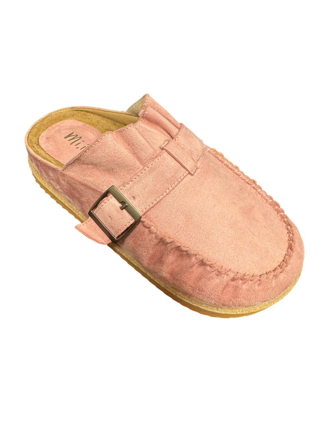 Pink slip-on shoe with a buckle and pleated ruffle