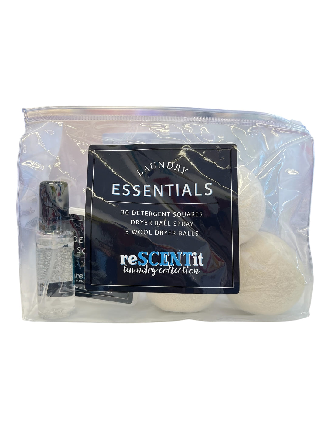 Rescentit Laundry Essentially Set of wool dryer balls, laundry soap sheets, and fragrance scent