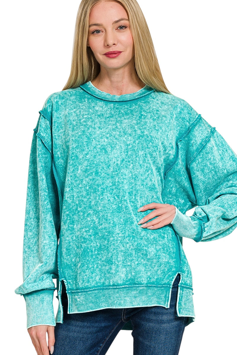 Light teal acid washed oversized sweatshirt with outer seam details.