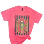 Nutcracker Tee in neon pink with cute nutcracker graphic, unisex fit, and soft 50/50 blend.
