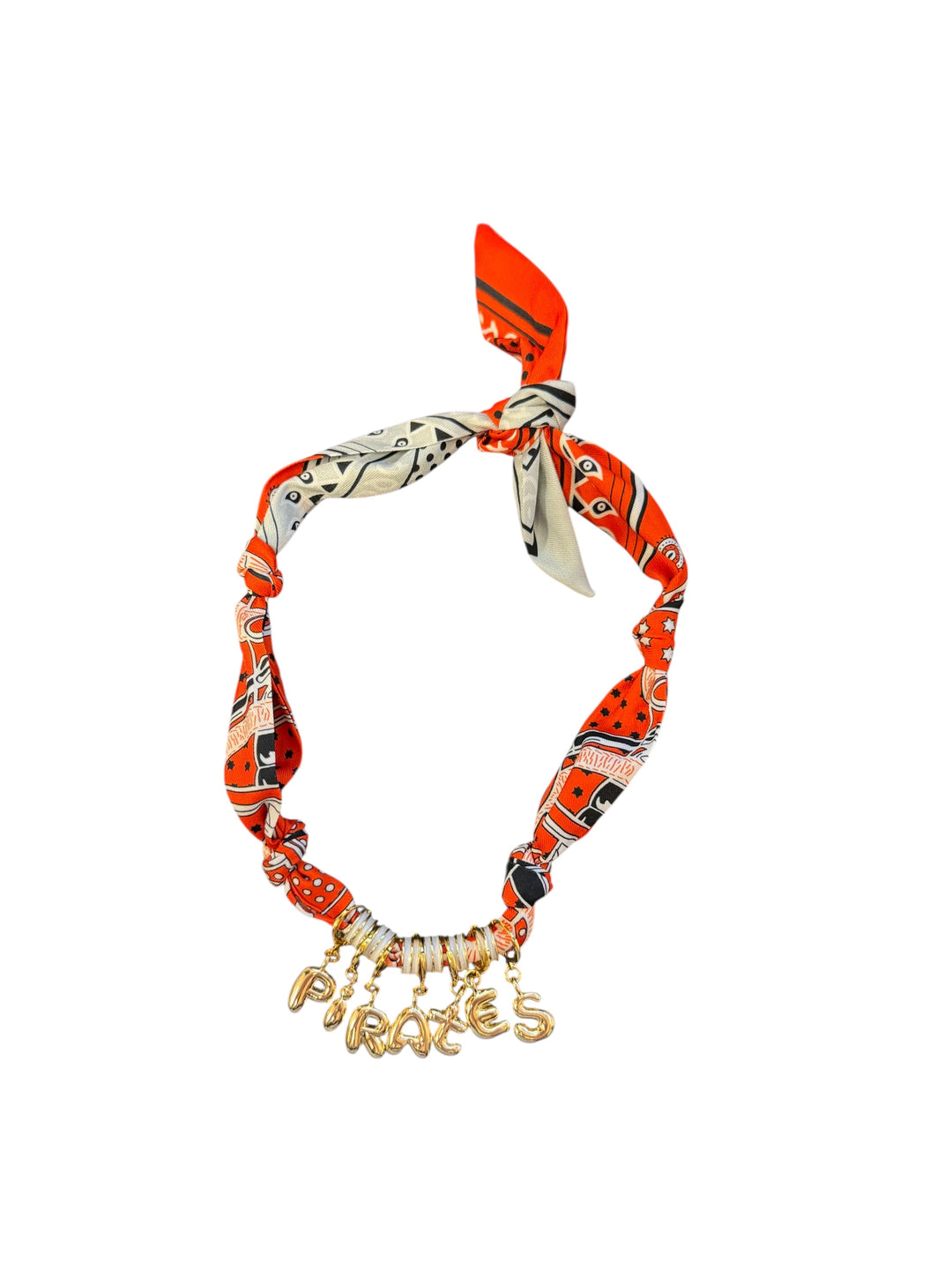 Black and orange Pirates game day scarf necklace with bold bubble letters