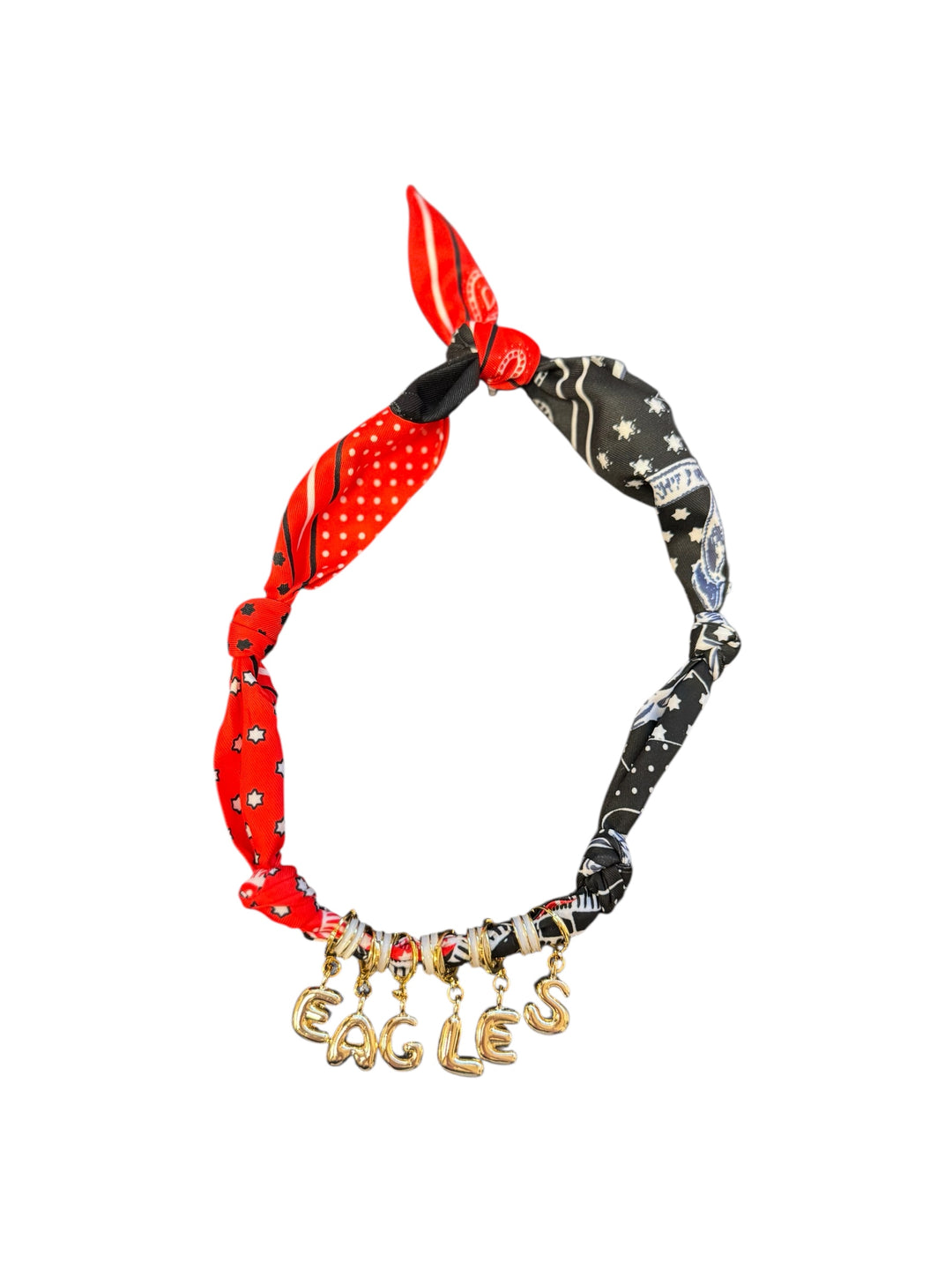 Red, white, and black Eagles game day scarf necklace with gold letters