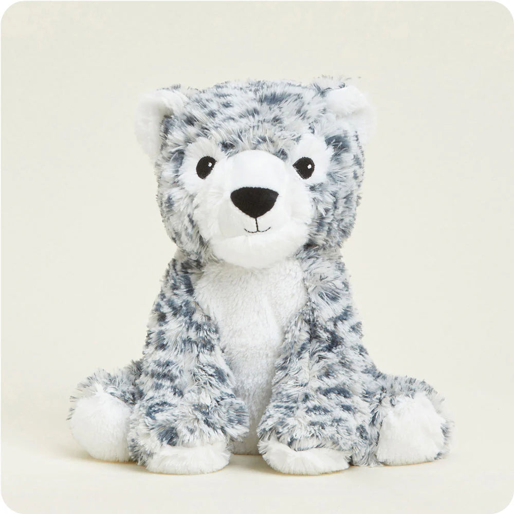 Snow Leopard Warmies® microwavable plush, lavender-scented, weighted for comfort, freezer safe, safe for all ages.