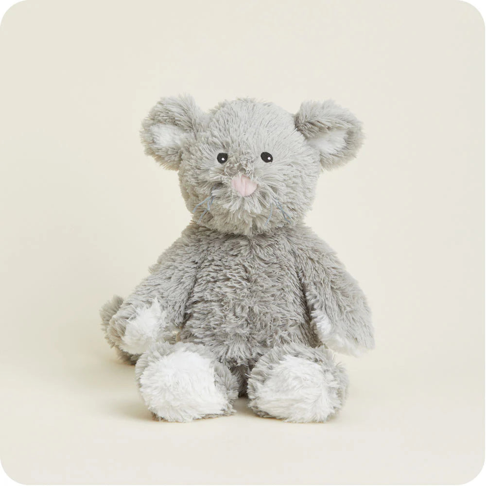 Mouse Warmies® microwavable plush, lavender-scented, weighted for comfort, freezer safe, safe for all ages.