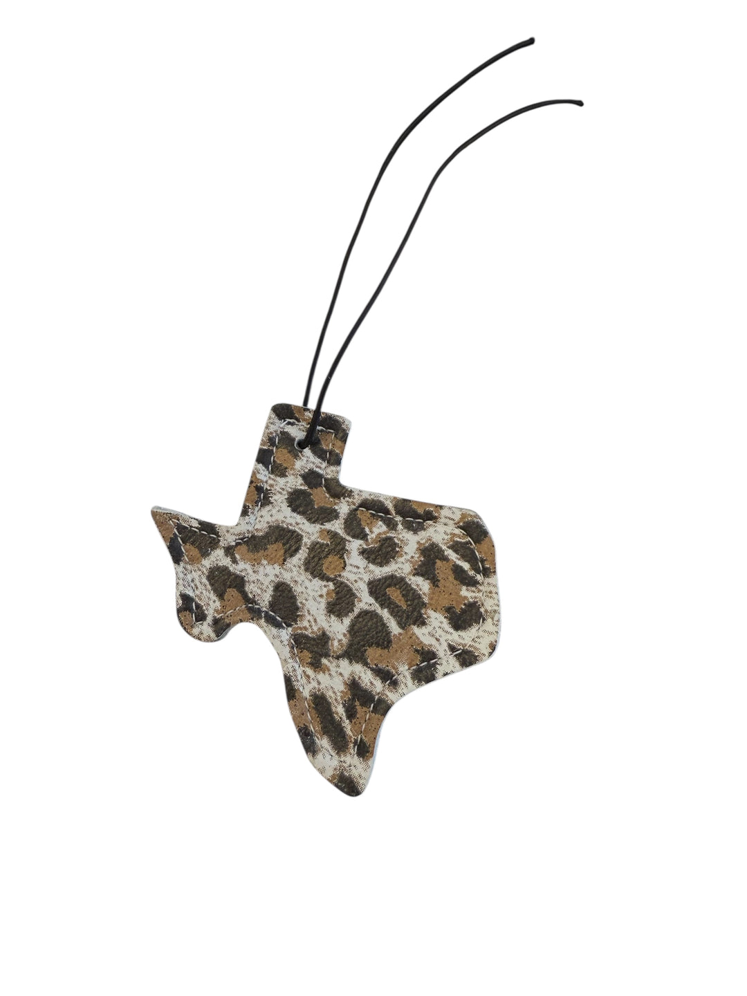 Texas-shaped hair-on-hide and leather car freshener charm, stitched cheetah design