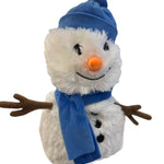 A soft, white plush snowman toy with a carrot nose, black button eyes, and a festive scarf, designed to be microwavable.