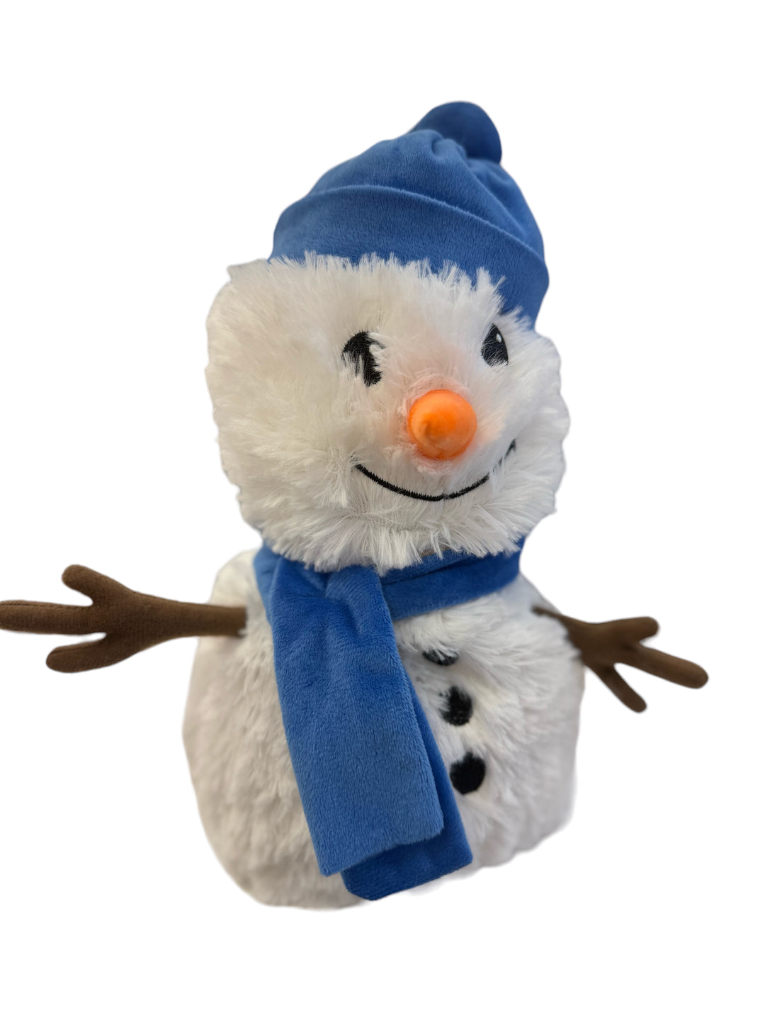 A soft, white plush snowman toy with a carrot nose, black button eyes, and a festive scarf, designed to be microwavable.
