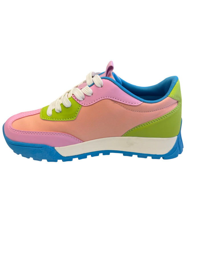 Blue multi-color trendy sneakers with a chunky lug sole, round toe, and vibrant accents of pink, lime, blue, and white, styled for a bold and playful look.