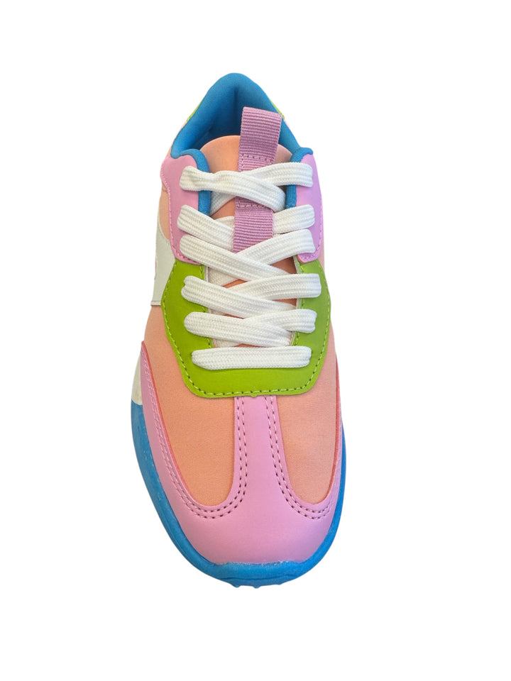 Blue multi-color trendy sneakers with a chunky lug sole, round toe, and vibrant accents of pink, lime, blue, and white, styled for a bold and playful look.