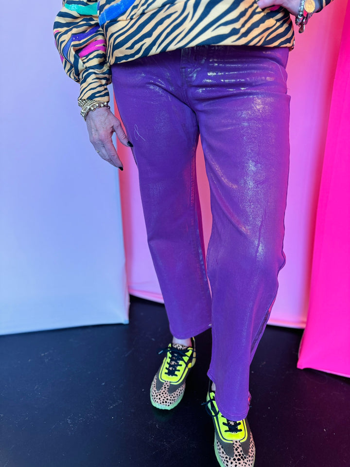 Magenta Metallic Wide Leg Jeans